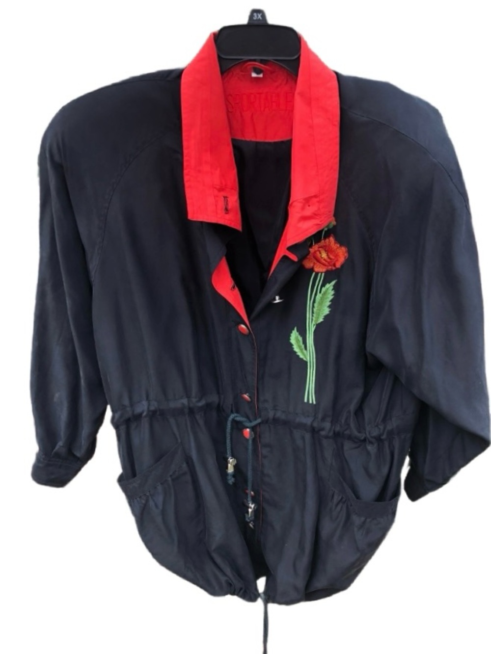 Sportables • Women’s Medium ~ Vintage ~ Black W/ Red Floral ~ Silk Bomb Coat